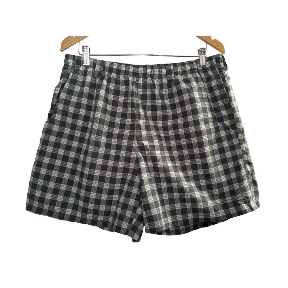 Columbia PFG Swimsuit Shorts Mens L Green White Check Liner Pockets Beach Vaca